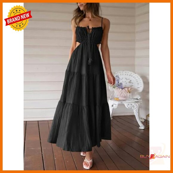 Women's Spaghetti Strap Maxi Dress Side Cut Out Backless Summer Boho - Picture 3 of 8